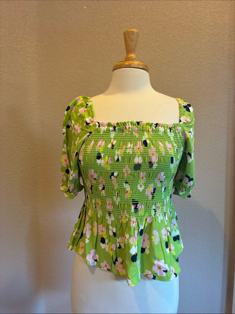 Green Floral Smocked Square-Neck Blouse size S